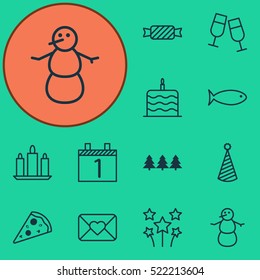 Set Of 12 New Year Icons. Can Be Used For Web, Mobile, UI And Infographic Design. Includes Elements Such As Cake, Festive, Piece And More.