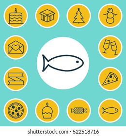 Set Of 12 New Year Icons. Can Be Used For Web, Mobile, UI And Infographic Design. Includes Elements Such As Cardboard, Christmas, Banner And More.