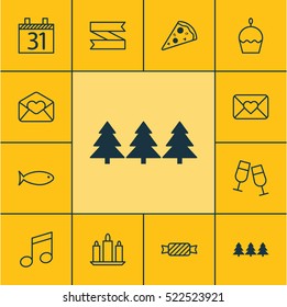 Set Of 12 New Year Icons. Can Be Used For Web, Mobile, UI And Infographic Design. Includes Elements Such As Clink, Greeting, Date And More.