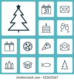 Set Of 12 New Year Icons. Can Be Used For Web, Mobile, UI And Infographic Design. Includes Elements Such As Email, Fish, Cardboard And More.
