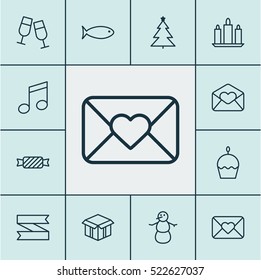 Set Of 12 New Year Icons. Can Be Used For Web, Mobile, UI And Infographic Design. Includes Elements Such As Cake, Fish, Aquatic And More.