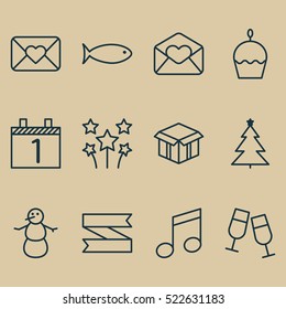 Set Of 12 New Year Icons. Can Be Used For Web, Mobile, UI And Infographic Design. Includes Elements Such As Box, Glasses, Food And More.
