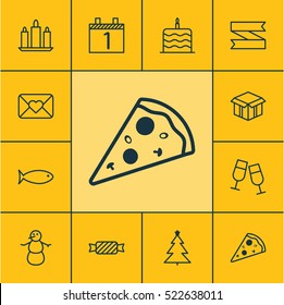 Set Of 12 New Year Icons. Can Be Used For Web, Mobile, UI And Infographic Design. Includes Elements Such As Christmas, Pizza, Month And More.