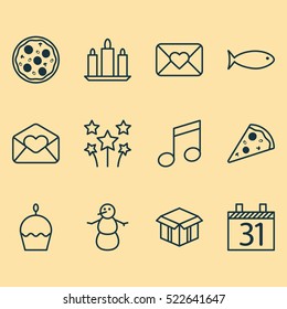 Set Of 12 New Year Icons. Can Be Used For Web, Mobile, UI And Infographic Design. Includes Elements Such As Aquatic, Candle, Close And More.