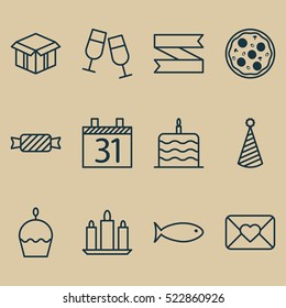 Set Of 12 New Year Icons. Can Be Used For Web, Mobile, UI And Infographic Design. Includes Elements Such As Cupcake, Celebration, Candy And More.