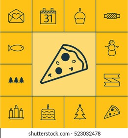 Set Of 12 New Year Icons. Can Be Used For Web, Mobile, UI And Infographic Design. Includes Elements Such As Celebration, Snowman, Caramel And More.