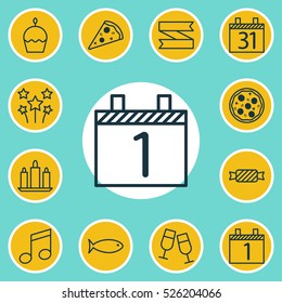 Set Of 12 New Year Icons. Can Be Used For Web, Mobile, UI And Infographic Design. Includes Elements Such As Slice, Aquatic, Firework And More.