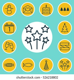 Set Of 12 New Year Icons. Can Be Used For Web, Mobile, UI And Infographic Design. Includes Elements Such As Caramel, Fish, Blank And More.