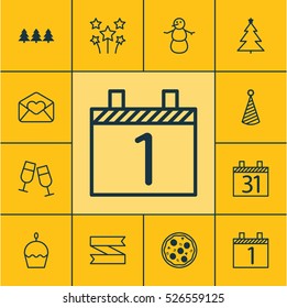 Set Of 12 New Year Icons. Can Be Used For Web, Mobile, UI And Infographic Design. Includes Elements Such As Calendar, Meal, Xmas And More.