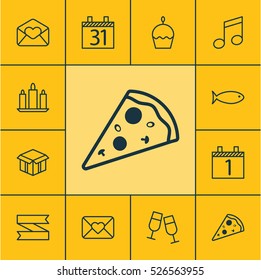Set Of 12 New Year Icons. Can Be Used For Web, Mobile, UI And Infographic Design. Includes Elements Such As Slice, Clink, Note And More.
