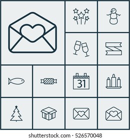 Set Of 12 New Year Icons. Can Be Used For Web, Mobile, UI And Infographic Design. Includes Elements Such As Close, Cardboard, Christmas And More.