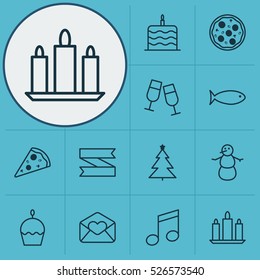 Set Of 12 New Year Icons. Can Be Used For Web, Mobile, UI And Infographic Design. Includes Elements Such As Clink, Email, Cake And More.