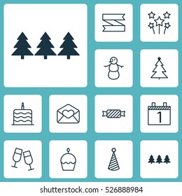 Set Of 12 New Year Icons. Can Be Used For Web, Mobile, UI And Infographic Design. Includes Elements Such As Month, Love, Celebration And More.