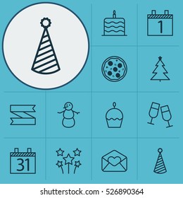 Set Of 12 New Year Icons. Can Be Used For Web, Mobile, UI And Infographic Design. Includes Elements Such As Ribbon, Hat, Festive And More.