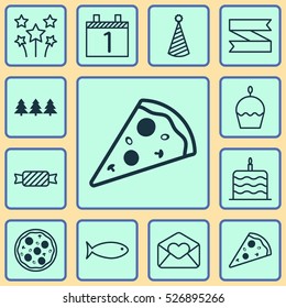 Set Of 12 New Year Icons. Can Be Used For Web, Mobile, UI And Infographic Design. Includes Elements Such As Caramel, Aquatic, Cupcake And More.