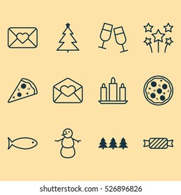 Set Of 12 New Year Icons. Can Be Used For Web, Mobile, UI And Infographic Design. Includes Elements Such As Caramel, Pizza, Aquatic And More.