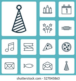 Set Of 12 New Year Icons. Can Be Used For Web, Mobile, UI And Infographic Design. Includes Elements Such As Email, Greeting, Envelope And More.