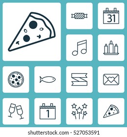 Set Of 12 New Year Icons. Can Be Used For Web, Mobile, UI And Infographic Design. Includes Elements Such As Clink, Piece, Musical And More.