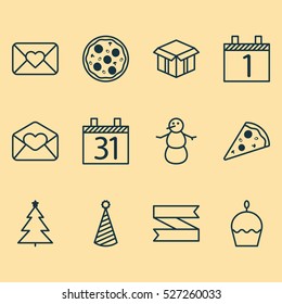 Set Of 12 New Year Icons. Can Be Used For Web, Mobile, UI And Infographic Design. Includes Elements Such As Ribbon, Close, Love And More.