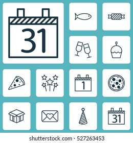 Set Of 12 New Year Icons. Can Be Used For Web, Mobile, UI And Infographic Design. Includes Elements Such As Pizza, Hat, Meal And More.