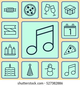 Set Of 12 New Year Icons. Can Be Used For Web, Mobile, UI And Infographic Design. Includes Elements Such As Candy, Agenda, Banner And More.