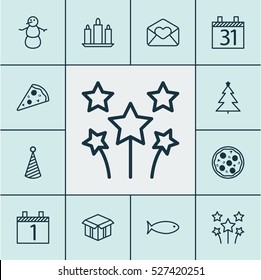 Set Of 12 New Year Icons. Can Be Used For Web, Mobile, UI And Infographic Design. Includes Elements Such As Aquatic, Flame, Love And More.
