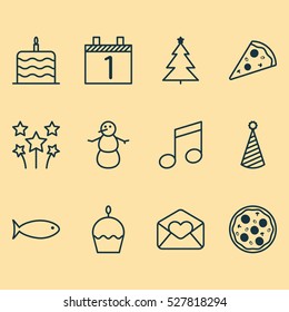 Set Of 12 New Year Icons. Can Be Used For Web, Mobile, UI And Infographic Design. Includes Elements Such As Greeting Email, Pizza Meal, Fishing And More.