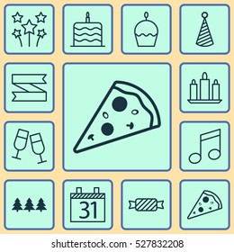 Set Of 12 New Year Icons. Can Be Used For Web, Mobile, UI And Infographic Design. Includes Elements Such As Blank Ribbon, Sliced Pizza, Birthday Cake And More.