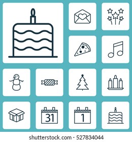 Set Of 12 New Year Icons. Can Be Used For Web, Mobile, UI And Infographic Design. Includes Elements Such As Celebration Cake, Crotchets, Sweet And More.