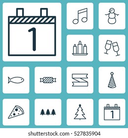 Set Of 12 New Year Icons. Can Be Used For Web, Mobile, UI And Infographic Design. Includes Elements Such As Fishing, Holiday Ornament, Decorated Tree And More.