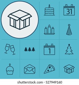 Set Of 12 New Year Icons. Can Be Used For Web, Mobile, UI And Infographic Design. Includes Elements Such As Wax, Greeting Email, Birthday Hat And More.