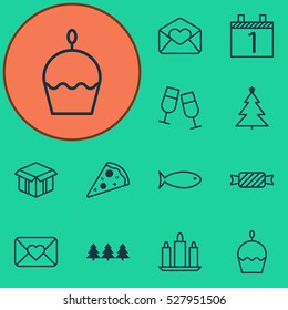 Set Of 12 New Year Icons. Can Be Used For Web, Mobile, UI And Infographic Design. Includes Elements Such As Greeting Email, Open Cardboard, Birthday Cake And More.