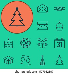 Set Of 12 New Year Icons. Can Be Used For Web, Mobile, UI And Infographic Design. Includes Elements Such As Celebration Cake, Champagne Glasses, Greeting Email And More.