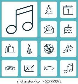 Set Of 12 New Year Icons. Can Be Used For Web, Mobile, UI And Infographic Design. Includes Elements Such As Pizza Meal, Decorated Tree, Greeting Email And More.