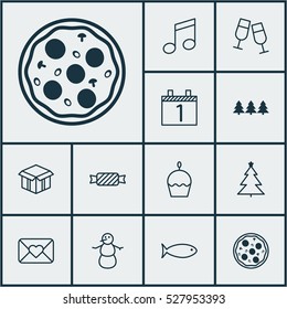 Set Of 12 New Year Icons. Can Be Used For Web, Mobile, UI And Infographic Design. Includes Elements Such As Fishing, Agenda, Pizza Meal And More.