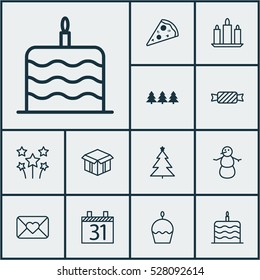 Set Of 12 New Year Icons. Can Be Used For Web, Mobile, UI And Infographic Design. Includes Elements Such As Celebration Letter, Open Cardboard, Holiday Ornament And More.
