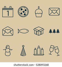 Set Of 12 New Year Icons. Can Be Used For Web, Mobile, UI And Infographic Design. Includes Elements Such As Champagne Glasses, Pizza Meal, Birthday Cake And More.