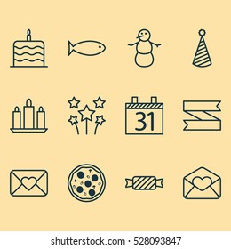 Set Of 12 New Year Icons. Can Be Used For Web, Mobile, UI And Infographic Design. Includes Elements Such As Greeting Email, Celebration Cake, Birthday Hat And More.