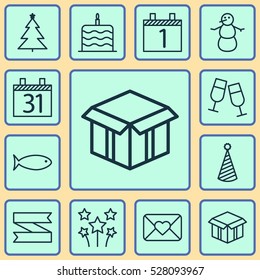 Set Of 12 New Year Icons. Can Be Used For Web, Mobile, UI And Infographic Design. Includes Elements Such As Decorated Tree, Champagne Glasses, Blank Ribbon And More.