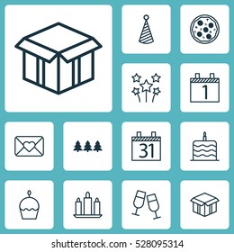 Set Of 12 New Year Icons. Can Be Used For Web, Mobile, UI And Infographic Design. Includes Elements Such As Champagne Glasses, Festive Fireworks, Celebration Letter And More.