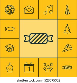 Set Of 12 New Year Icons. Can Be Used For Web, Mobile, UI And Infographic Design. Includes Elements Such As Festive Fireworks, Decorated Tree, Birthday Hat And More.