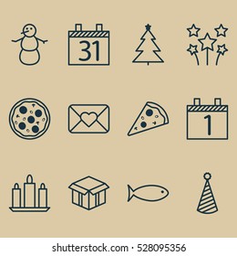 Set Of 12 New Year Icons. Can Be Used For Web, Mobile, UI And Infographic Design. Includes Elements Such As Agenda, Sliced Pizza, Decorated Tree And More.
