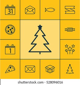 Set Of 12 New Year Icons. Can Be Used For Web, Mobile, UI And Infographic Design. Includes Elements Such As Sweet, Pizza Meal, Date And More.