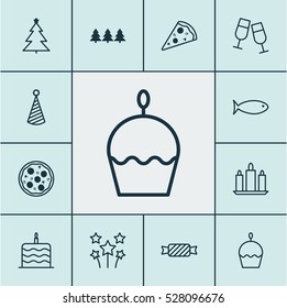 Set Of 12 New Year Icons. Can Be Used For Web, Mobile, UI And Infographic Design. Includes Elements Such As Birthday Hat, Fishing, Holiday Ornament And More.