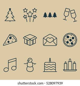 Set Of 12 New Year Icons. Can Be Used For Web, Mobile, UI And Infographic Design. Includes Elements Such As Pizza Meal, Open Cardboard, Sliced Pizza And More.