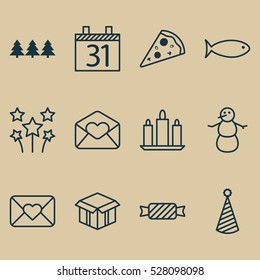 Set Of 12 New Year Icons. Can Be Used For Web, Mobile, UI And Infographic Design. Includes Elements Such As Greeting Email, Date, Sweet And More.