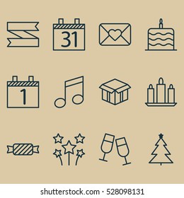 Set Of 12 New Year Icons. Can Be Used For Web, Mobile, UI And Infographic Design. Includes Elements Such As Celebration Cake, Date, Open Cardboard And More.