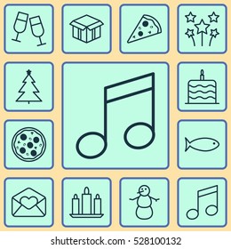 Set Of 12 New Year Icons. Can Be Used For Web, Mobile, UI And Infographic Design. Includes Elements Such As Festive Fireworks, Decorated Tree, Champagne Glasses And More.