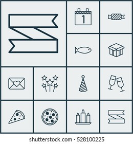 Set Of 12 New Year Icons. Can Be Used For Web, Mobile, UI And Infographic Design. Includes Elements Such As Champagne Glasses, Pizza Meal, Celebration Letter And More.