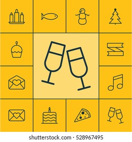 Set Of 12 New Year Icons. Can Be Used For Web, Mobile, UI And Infographic Design. Includes Elements Such As Celebration Letter, Sliced Pizza, Celebration Cake And More.